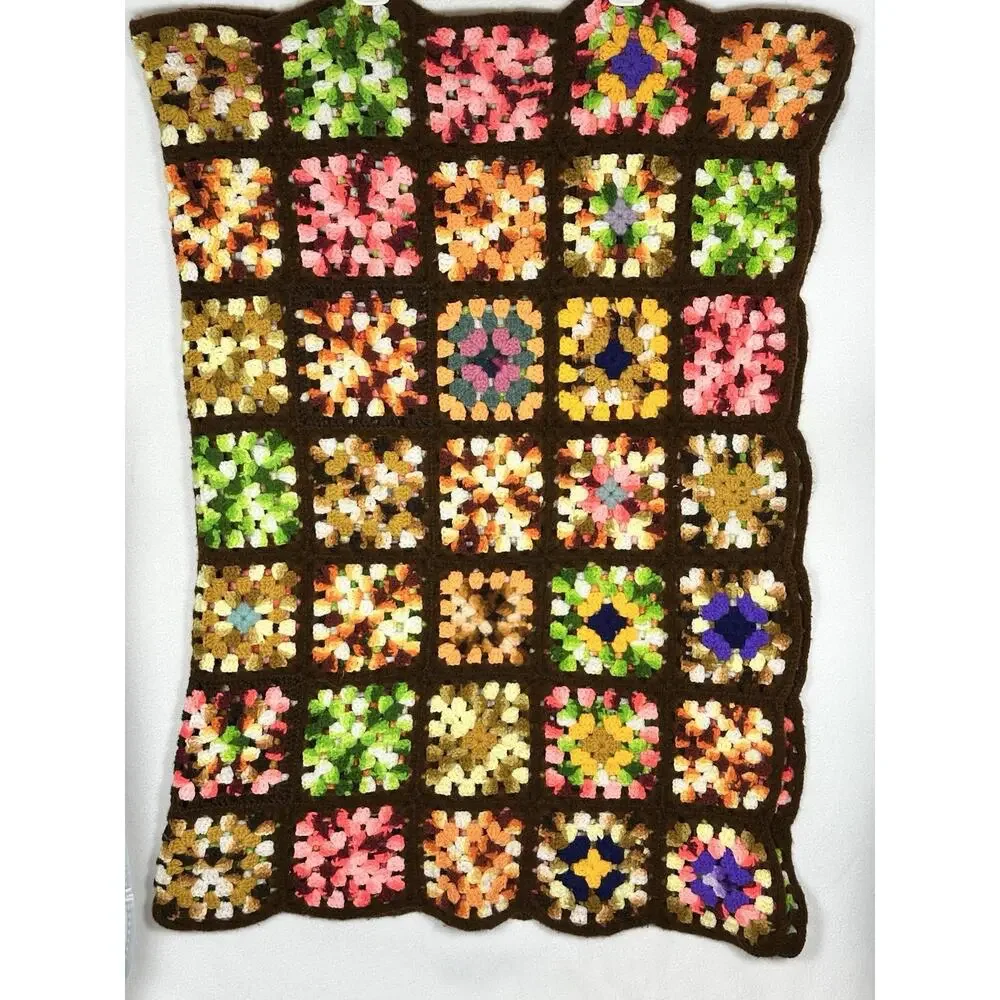 Retro Handmade Multicolor Granny Squares Crocheted Afghan Throw 60x78 Boho Gypsy